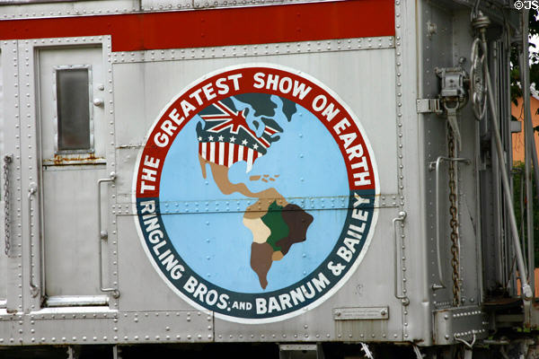 The Greatest Show on Earth logo on Ringling Brothers rail passenger car at Circus World Museum. Baraboo, WI.