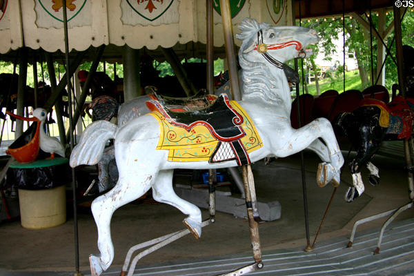 White stallion on antique carousel at Circus World Museum. Baraboo, WI.
