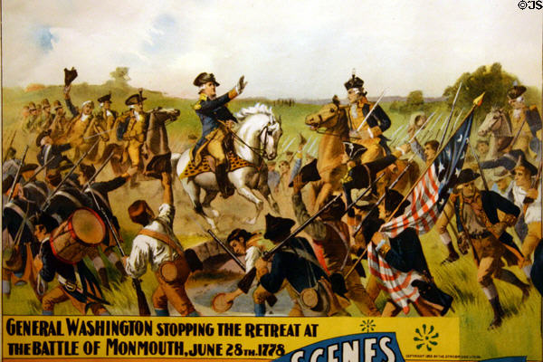 Details of poster (1893) for Adam Forepaugh's American Revolution pageant showing Washington stopping retreat of Monmouth at Circus World Museum. Baraboo, WI.