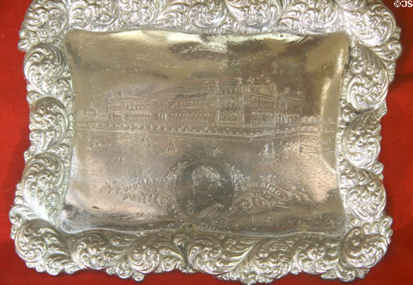 Silver tray (1893) with Woman's Building of World's Columbian Exposition at Columbus Museum. Columbus, WI.