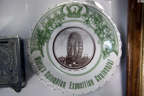 Centennial plate (1993) with Ferris Wheel of Chicago World's Fair at Columbus Museum. Columbus, WI.