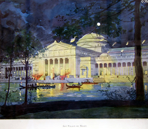 Print (1894) of Art Palace at night at World's Columbian Exposition by Poole Bros. at Columbus Museum. Columbus, WI.