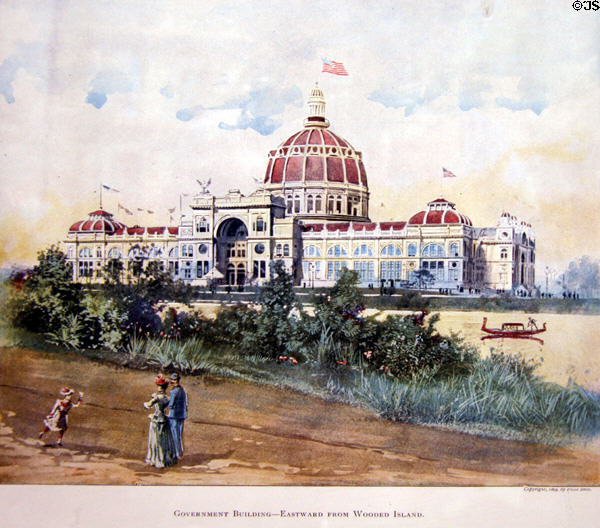 Print (1894) of Government Building from Wooded Island at World's Columbian Exposition by Poole Bros. at Columbus Museum. Columbus, WI.