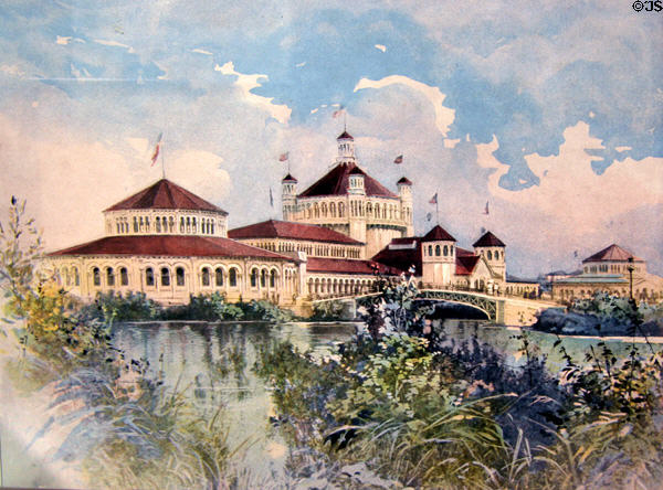 Print (1894) of Fisheries Building from Wooded Island at World's Columbian Exposition by Poole Bros. at Columbus Museum. Columbus, WI.
