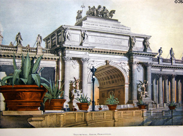Print (1894) of Peristyle & Triumphal Arch at World's Columbian Exposition by Poole Bros. at Columbus Museum. Columbus, WI.