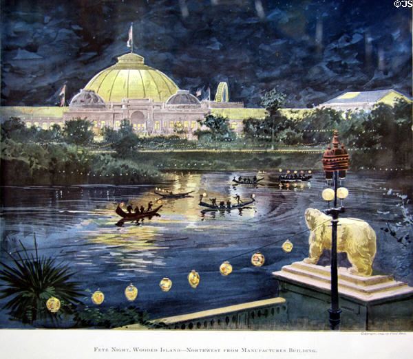Print (1894) of Manufacturer's Building & Wooded Island at night at World's Columbian Exposition by Poole Bros. at Columbus Museum. Columbus, WI.