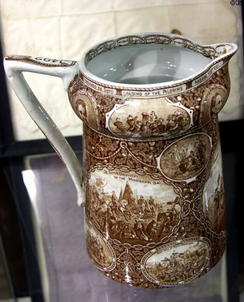 Souvenir pitcher with scenes of American exploration from World's Columbian Exposition (1892) at Columbus Museum. Columbus, WI.
