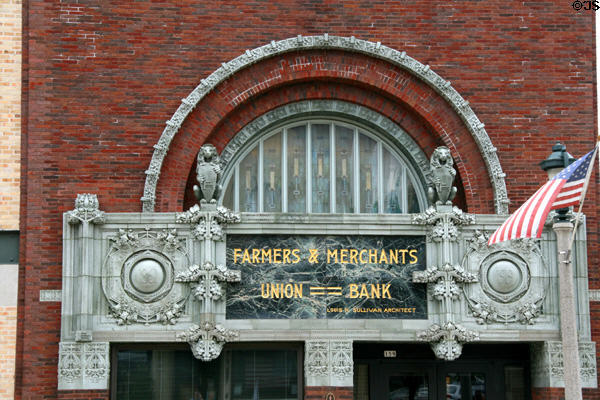 Arched front window of Farmer's & Merchant's Union Bank. Columbus, WI.