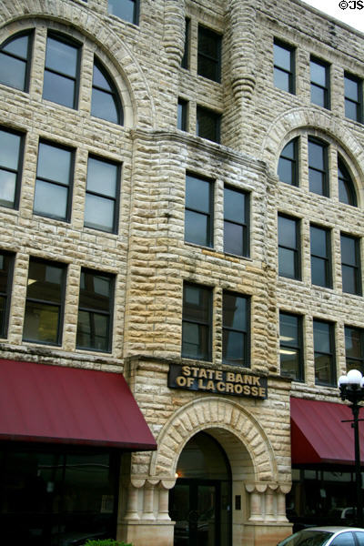 Stone facade of State Bank of La Crosse. La Crosse, WI.