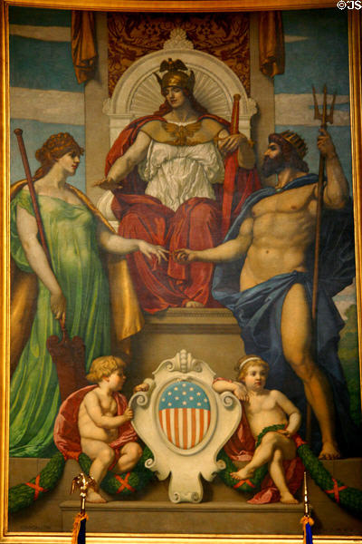 Allegorical figures on mural in Senate chamber of Wisconsin State Capitol. Madison, WI.