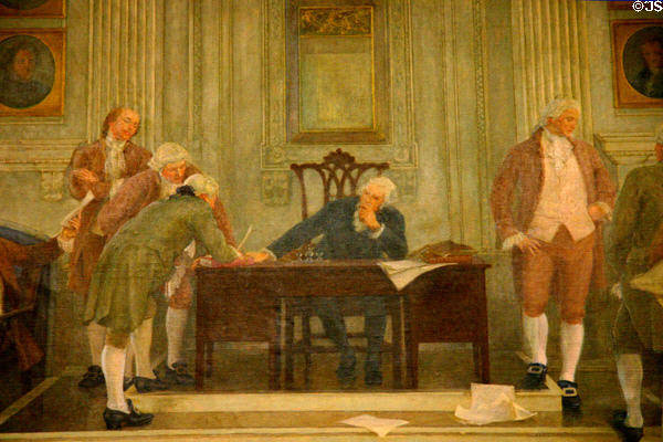 Painting of George Washington at signing of US Constitution by Albert Herter in Supreme Court Chamber in Wisconsin State Capitol. Madison, WI.