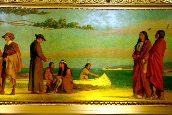 Canoe transport brings first French settlers to Wisconsin wilderness in mural in GAR Memorial Hearing Room of Wisconsin State Capitol. Madison, WI.