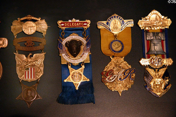 Badges from various Civil War veteran's reunions at Wisconsin Veterans Museum. Madison, WI.
