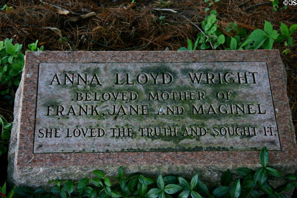 Tombstone of Anna Lloyd Wright, mother of Frank, at Unity Chapel near Taliesin. WI.