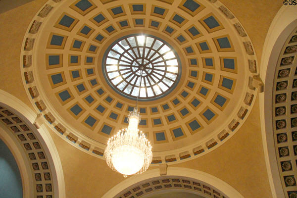 Domed ceiling & Czechoslovakian crystal chandelier in Senate Chamber of West Virginia State Capitol. Charleston, WV.