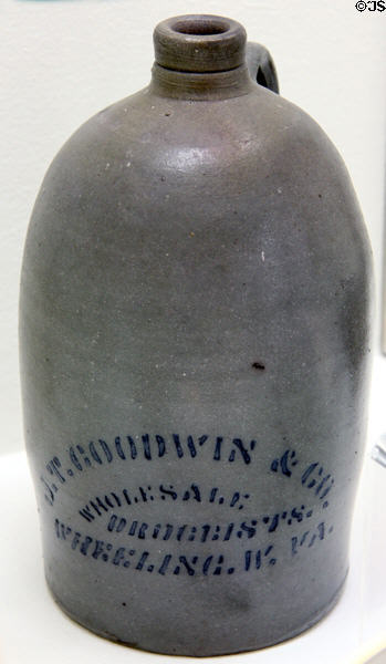Salt glazed stoneware jug (c1870) made for J.T. Goodwin & Co. Wholesale Druggists in Wheeling W.V. in the West Virginia State Capitol. Charleston, WV.