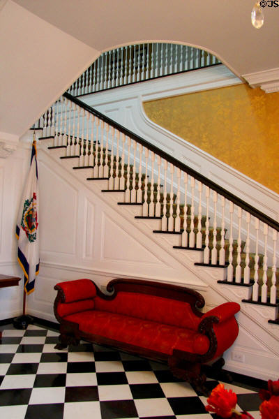Georgian mahogany staircase & Empire sofa at West Virginia Governor's Mansion. Charleston, WV.