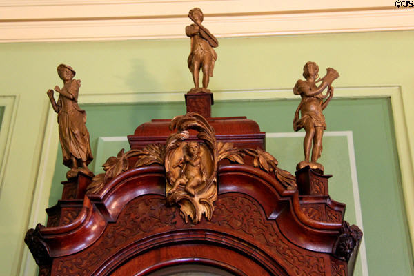 Detail of carved finials atop tall case clock in drawing room at West Virginia Governor's Mansion. Charleston, WV.