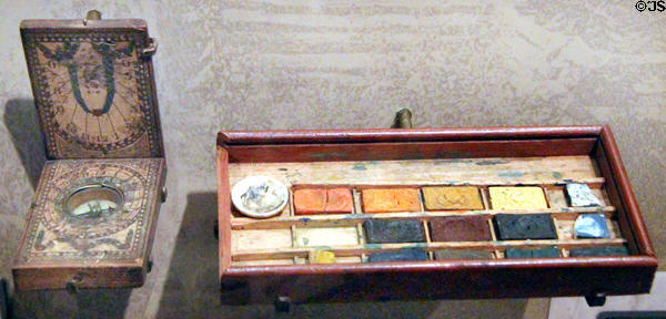 Pocket compass (mid 1700's) & surveyor's paint box (c1800's) at West Virginia State Museum. Charleston, WV.