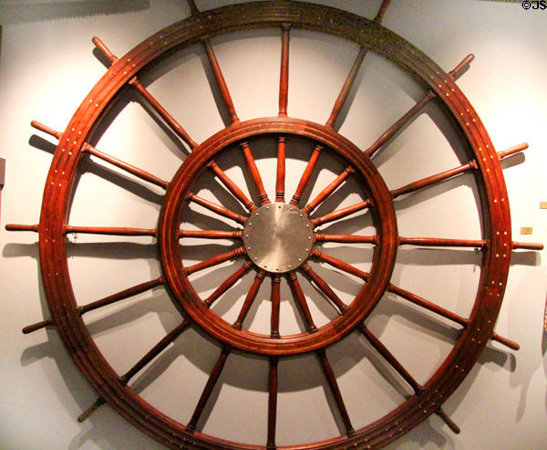 Pilot wheel (1919) from O.F. Shearer Riverboat on Kanawha & Ohio rivers at West Virginia State Museum. Charleston, WV.