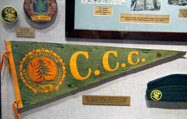 Civilian Conservation Corp (CCC) banner & Depression-era symbols at West Virginia State Museum. Charleston, WV.