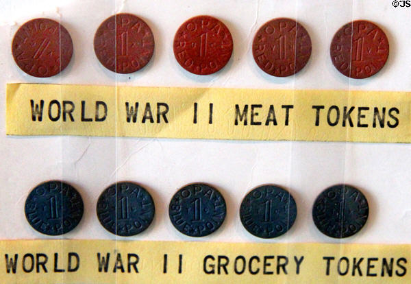 World War II meat & grocery tokens at West Virginia State Museum. Charleston, WV.