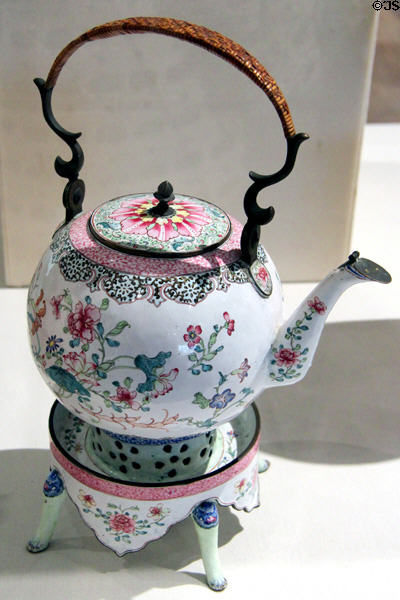 Canton enamel on brass hot water kettle & burner (Qianlong Period, 1736-1795) at Huntington Museum of Art. Huntington, WV.