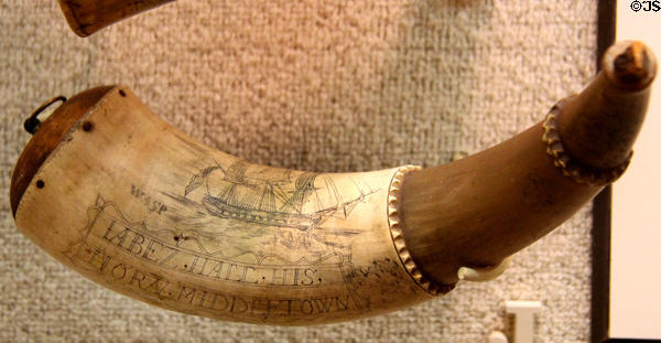 Powder horn with nautical theme inscribed "Iabez Hall, His Horn (1812) at Huntington Museum of Art. Huntington, WV.