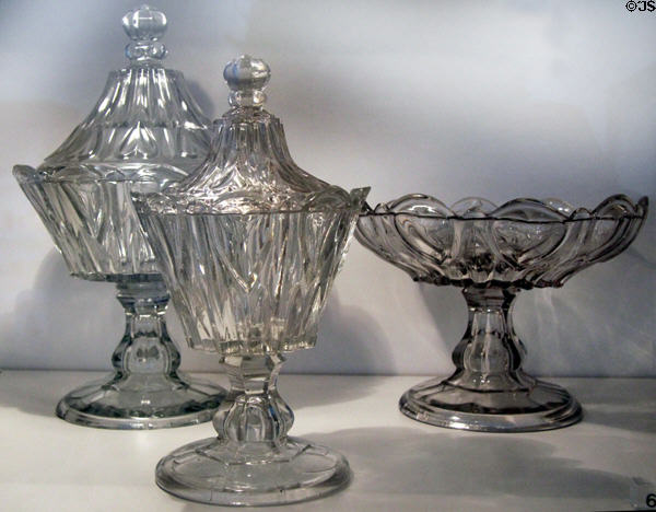 Covered press lead glass bowls & open compote on stem (c1850's) by Curling, Robertson & Co., Fort Pitt Glass Works, Pittsburgh, PA in glass gallery at Huntington Museum of Art. Huntington, WV.