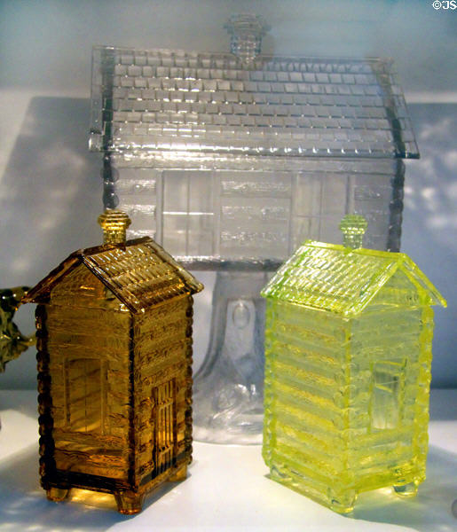 Log Cabin pattern covered pickle dishes & covered compote (c1875-80) by Central Glass Co., Wheeling, WV in glass gallery at Huntington Museum of Art. Huntington, WV.