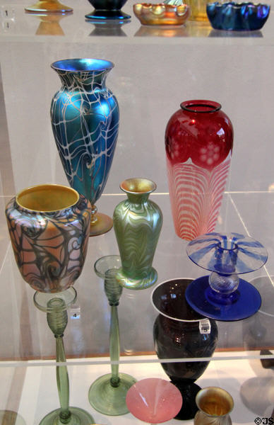 Group of glass vases & candlesticks (c1924-31) by Vineland Flint Glass Works/Durand Art Glass, Vineland, NJ at Huntington Museum of Art. Huntington, WV.