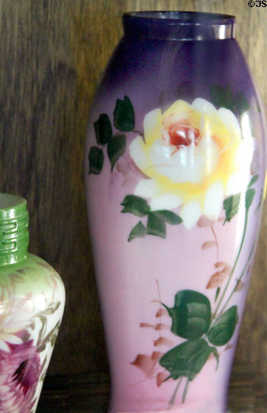 Milk glass vase with purple to lavender color gradient & yellow roses (early 1900s) at Fostoria Glass Museum. Moundsville, WV.