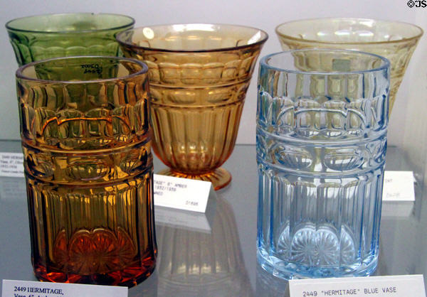 Hermitage vases (1931-42) in amber & blue at Fostoria Glass Museum. Moundsville, WV.