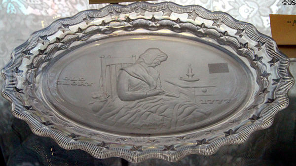 Betsy Ross sewing Old Glory bicentennial pressed glass plate (1977) at Fostoria Glass Museum. Moundsville, WV.