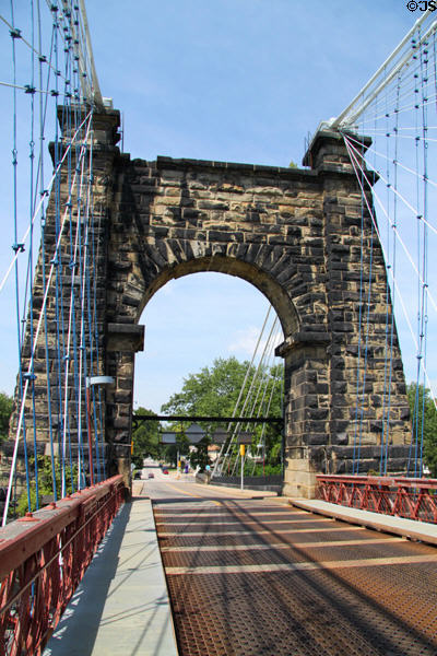 Wheeling Suspension Bridge (1849) part of National Road over the Ohio River. Wheeling, WV. Architect: Charles Ellet Jr. then Wilhelm Hildenbrand. On National Register.