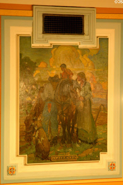 Mural of Homesteaders (1917) by Allen Tupper True in House of Wyoming State Capitol. Cheyenne, WY.