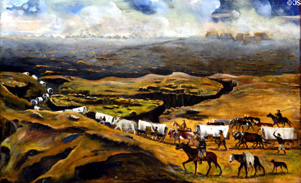Army wagon train painting in Legislative Conference Room of Wyoming State Capitol. Cheyenne, WY.