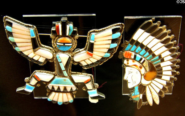 Zuni Indian silver inlay jewelry (mid 20thC) at Nelson Museum of the West. Cheyenne, WY.
