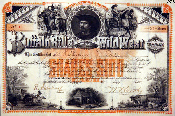 Buffalo Bill Wild West Co. stock certificate issued (1887) to William F. Cody for 35 of 100 shares at Buffalo Bill Center of the West. Cody, WY.