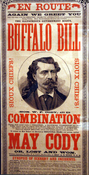 Detail of poster for Buffalo Bill Combination (1877) performance of May Cody or Lost & Won at Buffalo Bill Center of the West. Cody, WY.