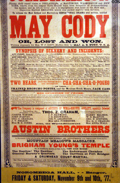 Detail of poster for Buffalo Bill Combination (1877) of May Cody or Lost & Won story of Brigham Young at Buffalo Bill Center of the West. Cody, WY.