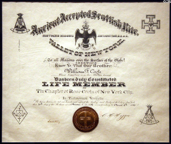William F. Cody's life membership (1894) in Scottish Rights Masonic order at Buffalo Bill Center of the West. Cody, WY.