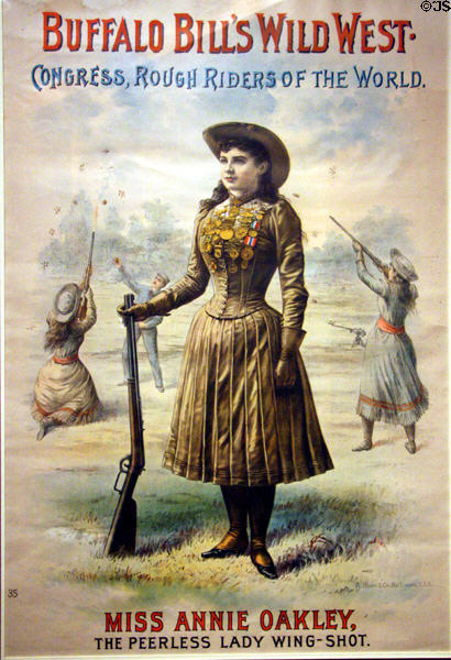 Poster (1890) of Miss Annie Oakley for Buffalo Bill's Wild West, Congress of Rough Riders of the World (A. Hoen & Co., Baltimore) at Buffalo Bill Center of the West. Cody, WY.
