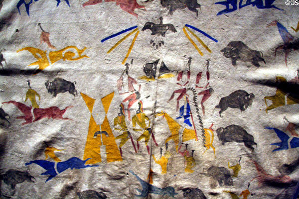 Detail of native village of Wind River tribe Indian hide painting (c1900) at Buffalo Bill Center of the West. Cody, WY.