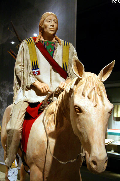 Model of native on horseback with Northern Plains & Cheyenne artifacts (c1885-90) at Buffalo Bill Center of the West. Cody, WY.
