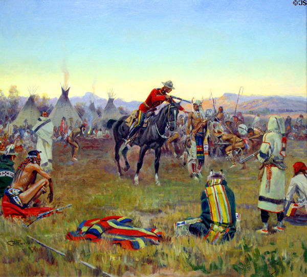 Single Handed painting (1912) of Canadian Mountie making arrest of native by Charles M. Russell at Buffalo Bill Center of the West. Cody, WY.