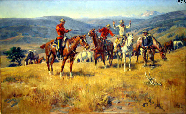 When Law Dulls the Edge of Chance painting (1915) of Canadian Mounties making arrest of cowboys by Charles M. Russell at Buffalo Bill Center of the West. Cody, WY.