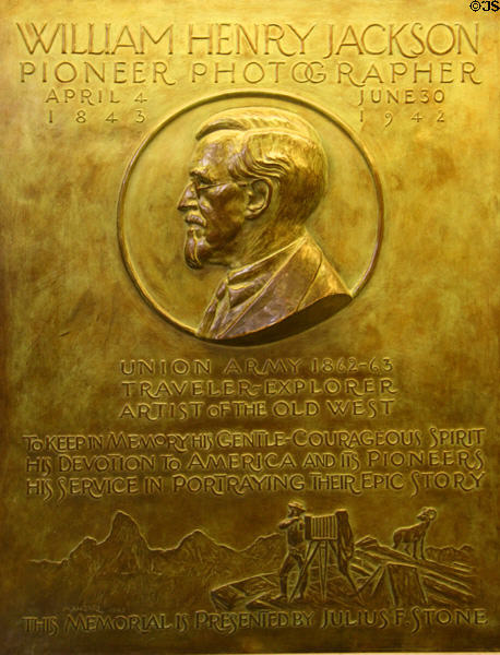 Medal commemorating pioneer photographer & artist William Henry Jackson (1845-1942) at Scotts Bluff National Monument. WY.