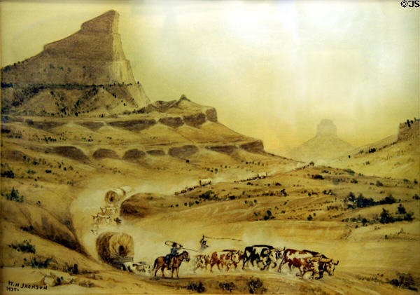 Drawing of wagon train through Mitchell Pass drawn (1937) by W.H. Jackson at Scotts Bluff National Monument at Scotts Bluff National Monument. WY.