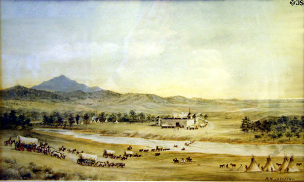 Drawing of wagon train reaching Fort Laramie by W.H. Jackson at Scotts Bluff National Monument at Scotts Bluff National Monument. WY.